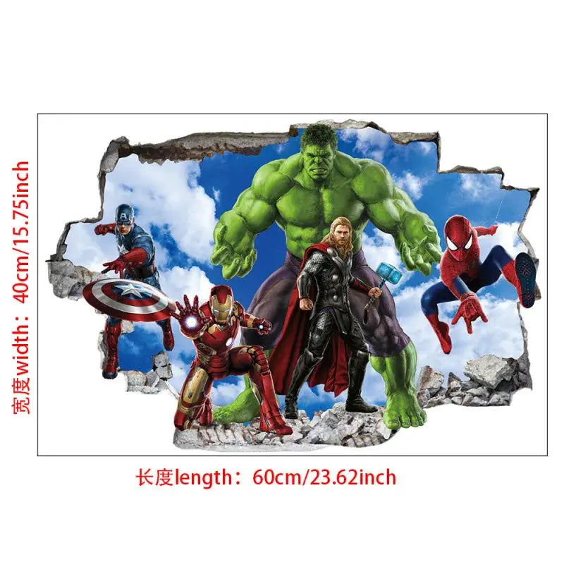 3D Wall Sticker | Size 60x40 cm | Avengers | Hulk Iron Man Captain America Thor