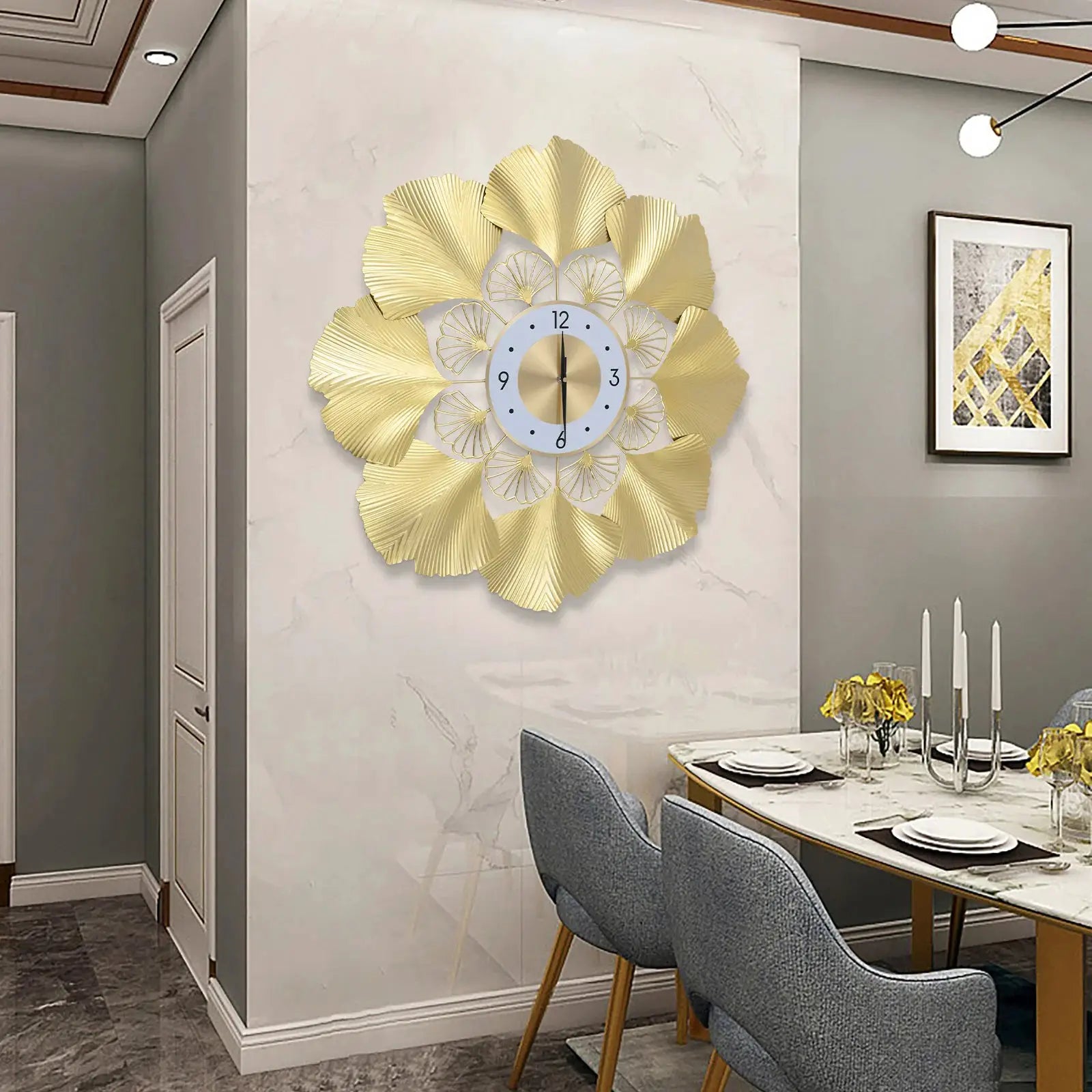 Ginkgo Biloba Wall Clock 70cm Large Nordic Light Luxury Design, White Gold Iron Silent Non-Ticking Battery Operated Living Room from PriceLows™