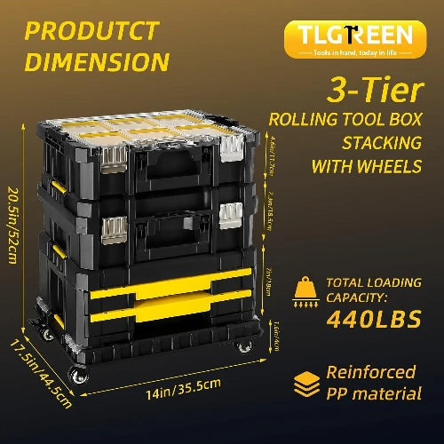 Stackable 3 Tier Rolling Tool Box with Wheels, Modular Drawer Tool Organizer, Portable Storage for Garage, Home Repair, Workshop from PriceLows™