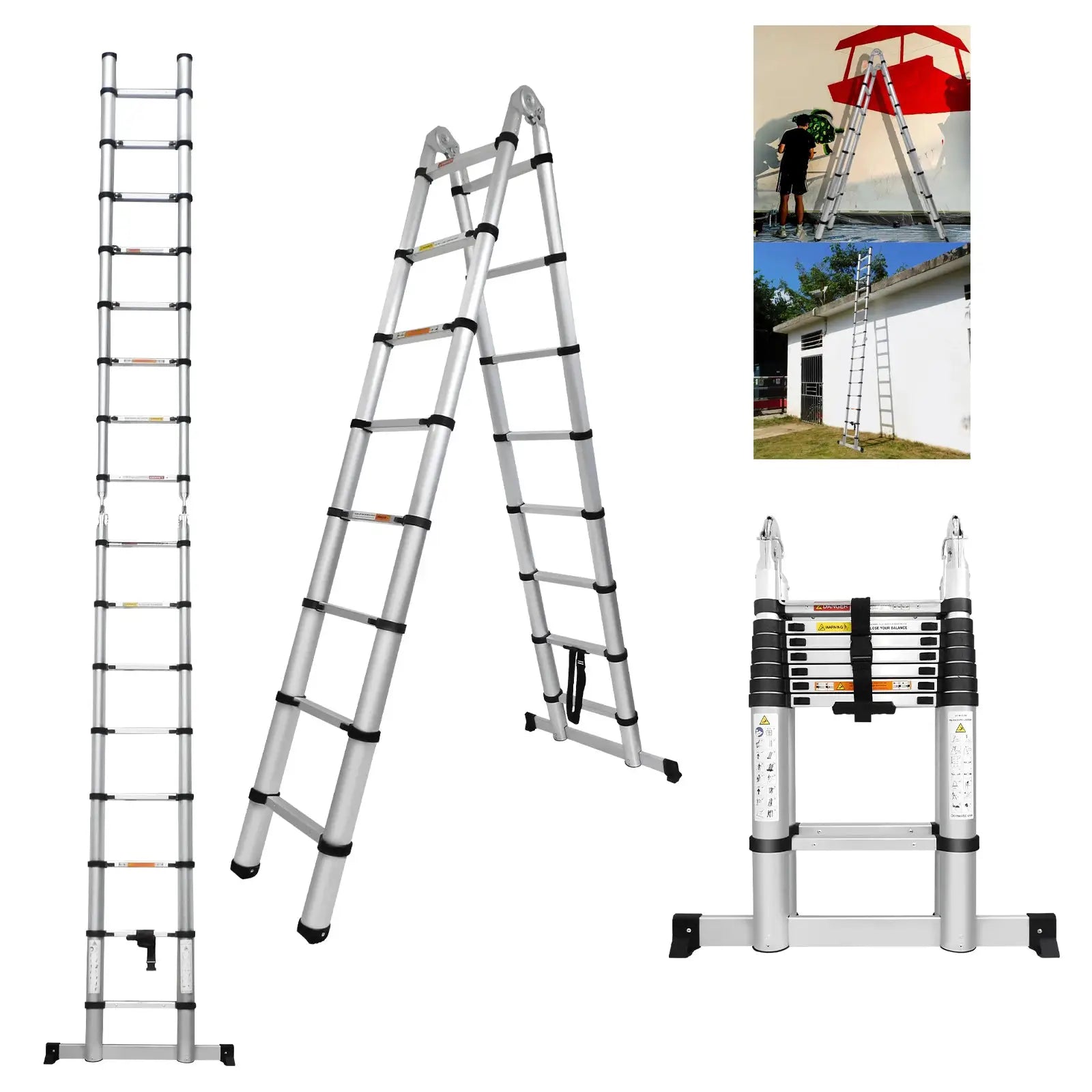 3.8M/5M Aluminium Telescopic Ladder ,Heavy Duty Multi-Purpose A-Frame Sturdy Folding Ladder ,No-slip,150kg Load Capacity from PriceLows™