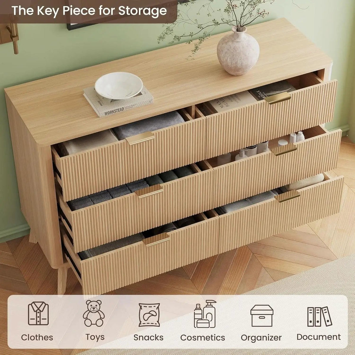 Fluted 49Inch Serpentine Dresser Oak Finish Contemporary from PriceLows™