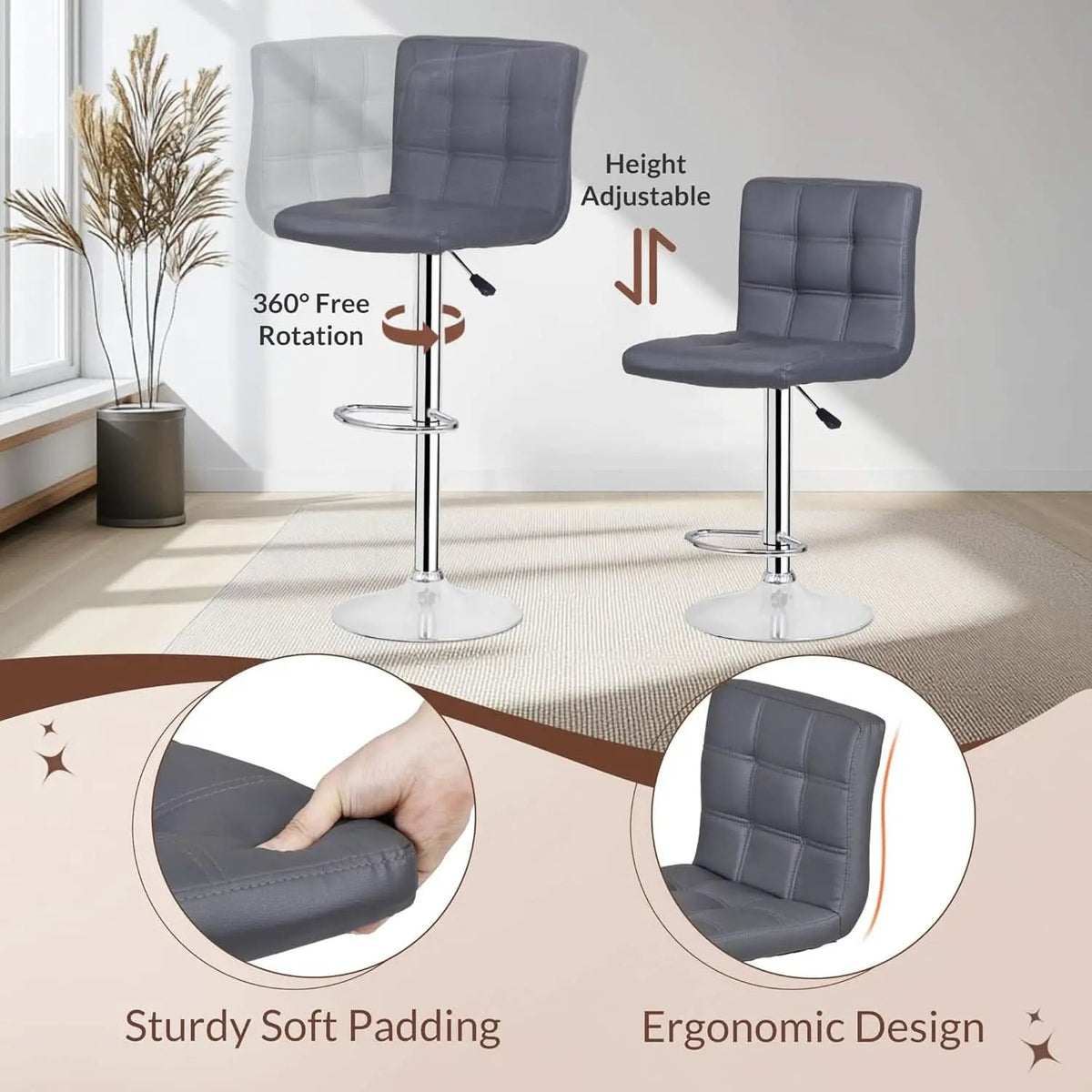 Set Of 4 Adjustable Swivel Barstools In Grey PU Leather from PriceLows™