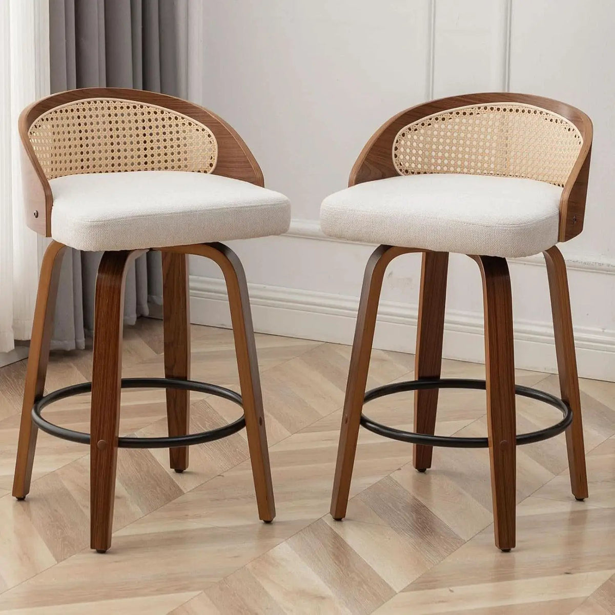 Set Of Two 25 Inch Beige Rattan Swivel Counter Stools With Linen Upholstery Mid Century Modern from PriceLows™