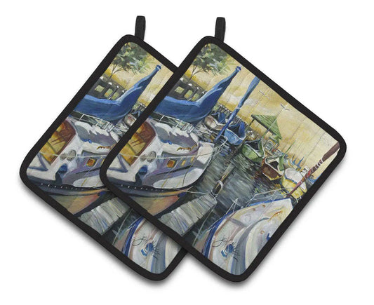 Pot Holder Set of 2 | Heat Resistant Quilted Hot Pads | 7.5 x 7.5 Inch | Seven Boats Sailboats