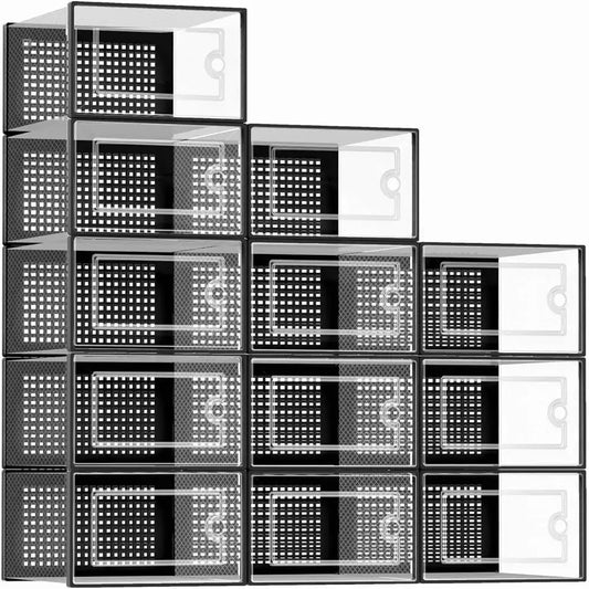 12-Pack Transparent Plastic Stackable Shoe Storage Boxes for Closet Linked Design Sports Shoe Organizers Foldable Shoe Racks from PriceLows™