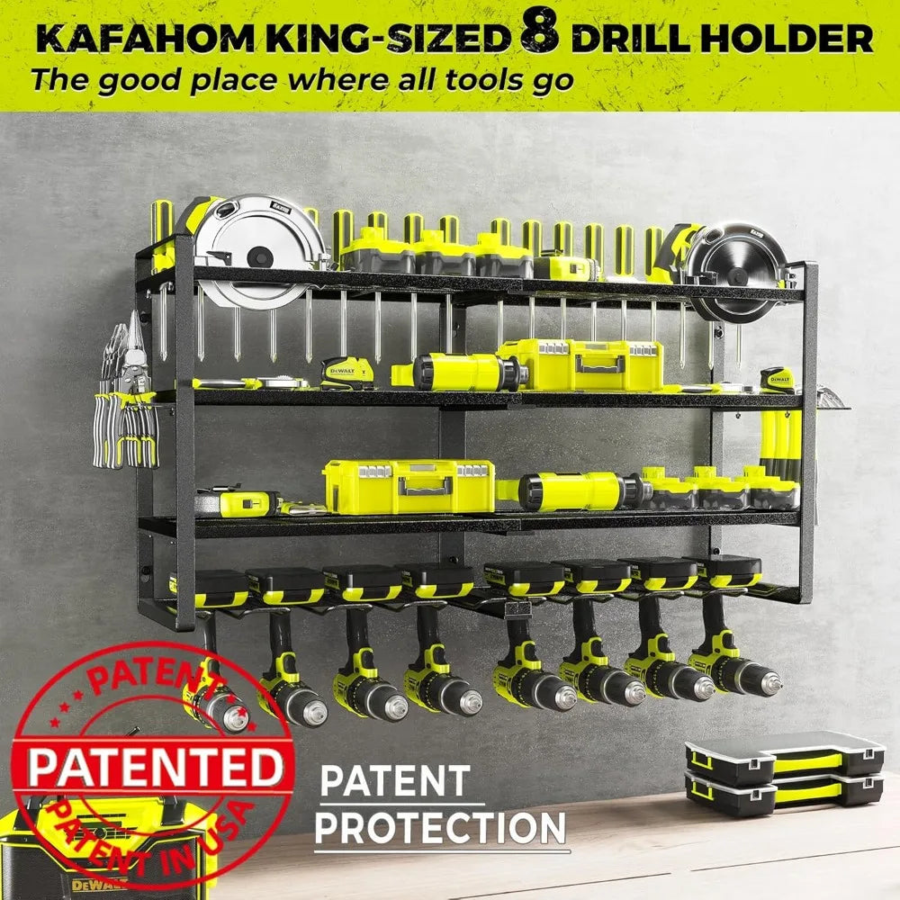 8 Drill Holder Wall Mount, 4 Layer Heavy Duty Metal Power Tool Storage Rack, Garage Organizer with Screwdriver, Plier & Hammer Holders from PriceLows™