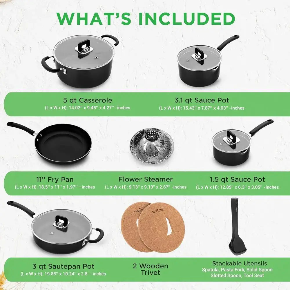 17Pcs Black Non-Stick Pots Pans Set Foldable Knob Induction Compatible Space Saving Heat Resistant Utensils Kitchen RV Use from PriceLows™