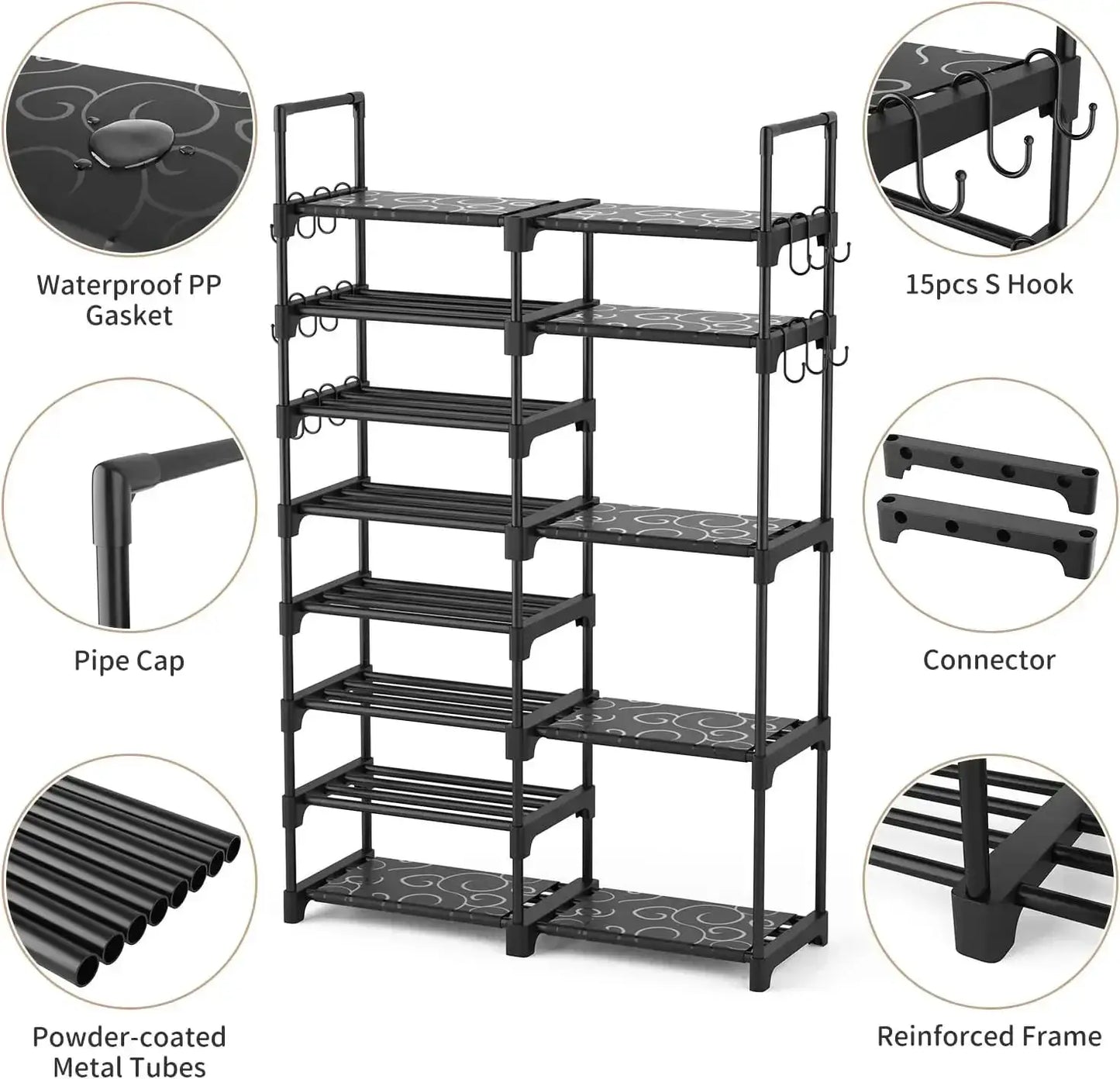 8-Tier Metal Shoe Rack Organizer, 26-32 Pairs Large Capacity Storage, Stackable Shoe Stand with 15 Hooks for Closet Entryway from PriceLows™