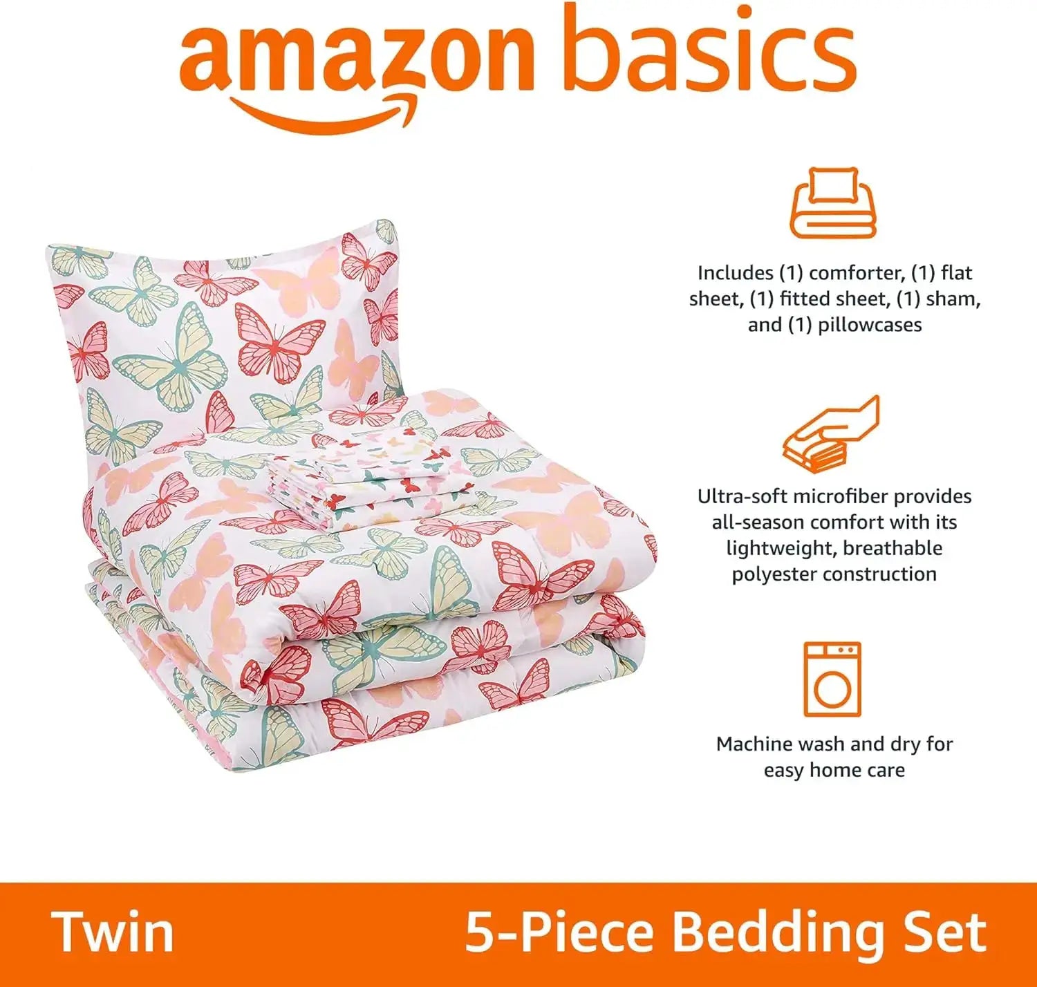 Twin Butterfly Bedding Set for Kids, Soft Microfiber Bed-in-a-Bag with Comforter and Sheets from PriceLows™