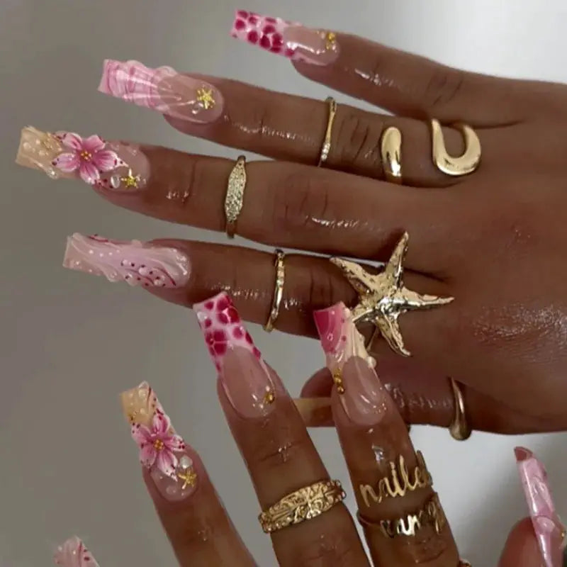 Press On Nails | Medium Square | Blush Pink Floral | 24 Pcs M Size