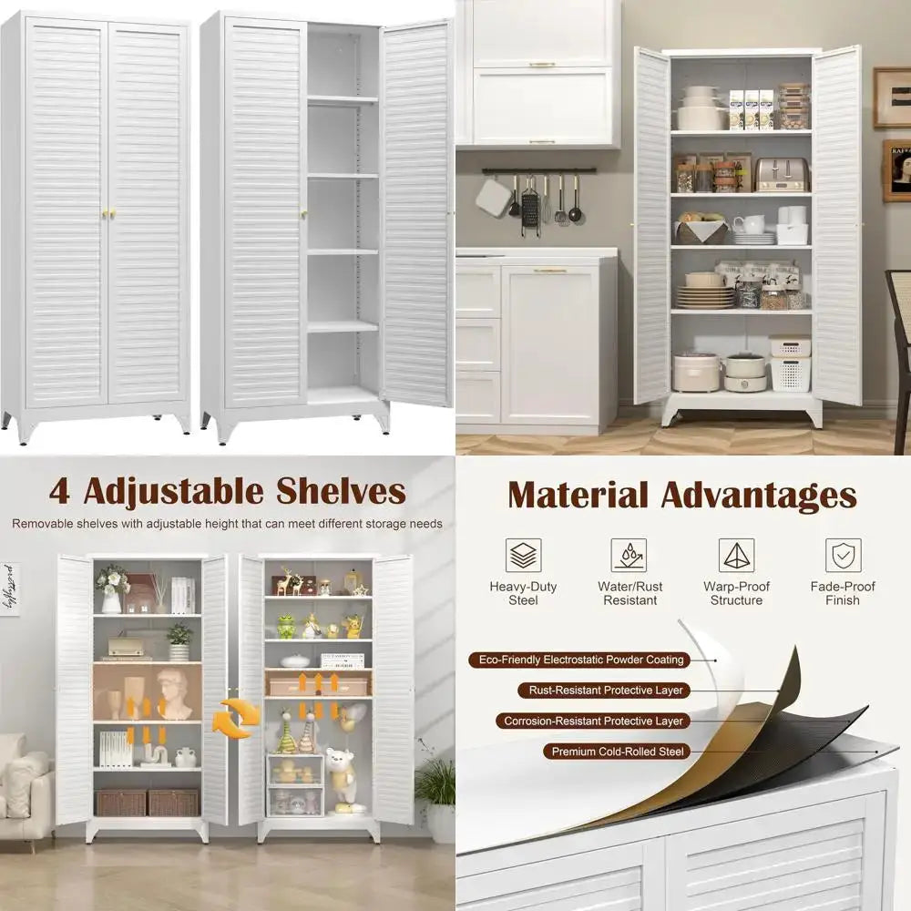 75 Metal Storage Cabinet with 4 Adjustable Shelves, White Tall Locker Organizer for Steel Garage, Kitchen, Office, and School Us from PriceLows™