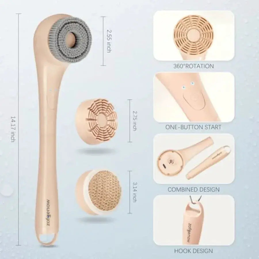 Electric Body Brush | Waterproof | Rechargeable Long Handle | 3 Heads