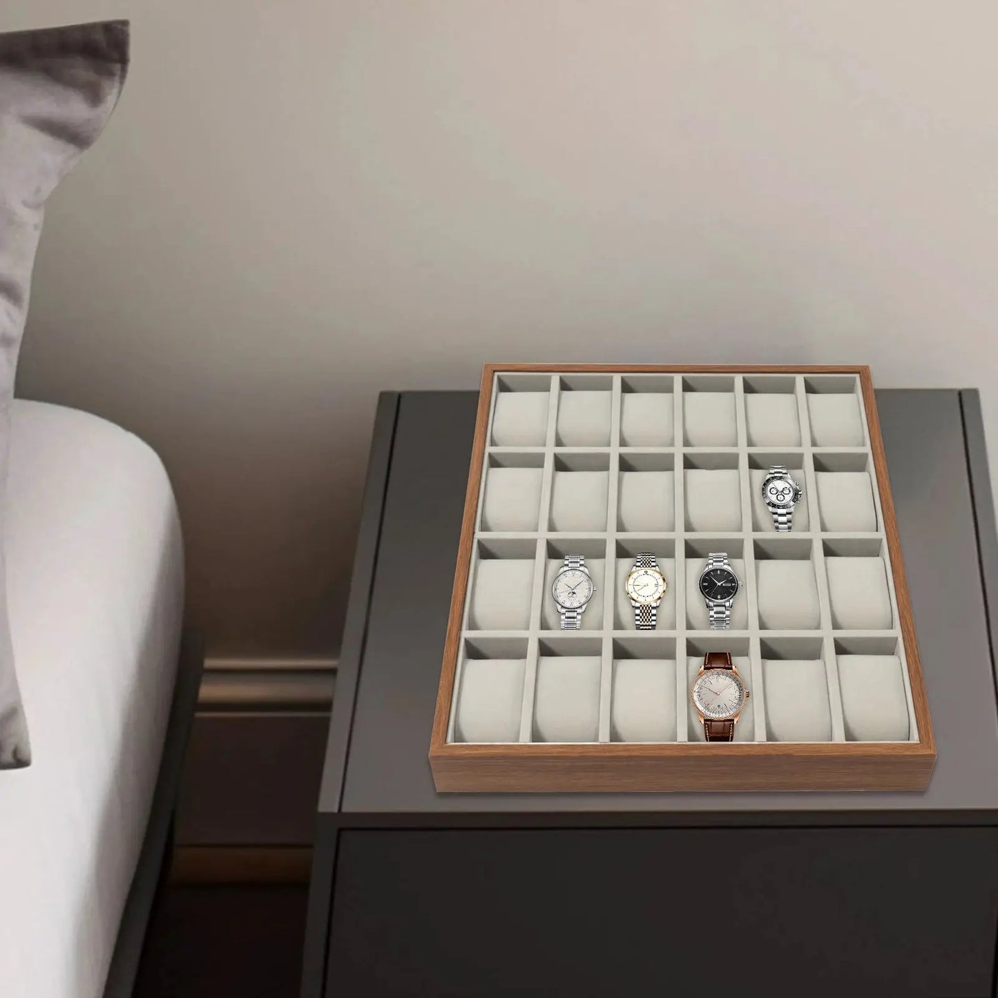 Elegant 24 Slot Watch Box with Removable Pillows, Wood Veneer Jewelry Organizer Display Case for Bracelets, Earrings, Necklaces from PriceLows™