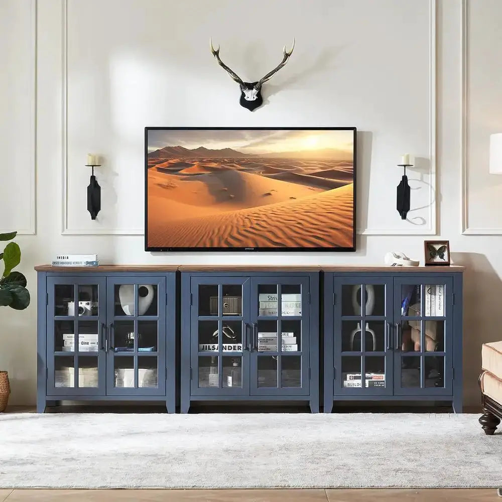 32 Navy Blue Kitchen Coffee & Wine Bar Cabinet with Storage and 2 Glass Doors from PriceLows™