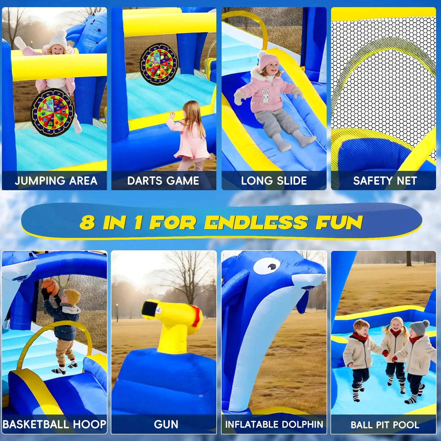 Inflatable Water Slide 8in1 Bounce House Outdoor Backyard Kids Play Center Dolphin Sprinkler Water Gun Basketball Target Games from PriceLows™
