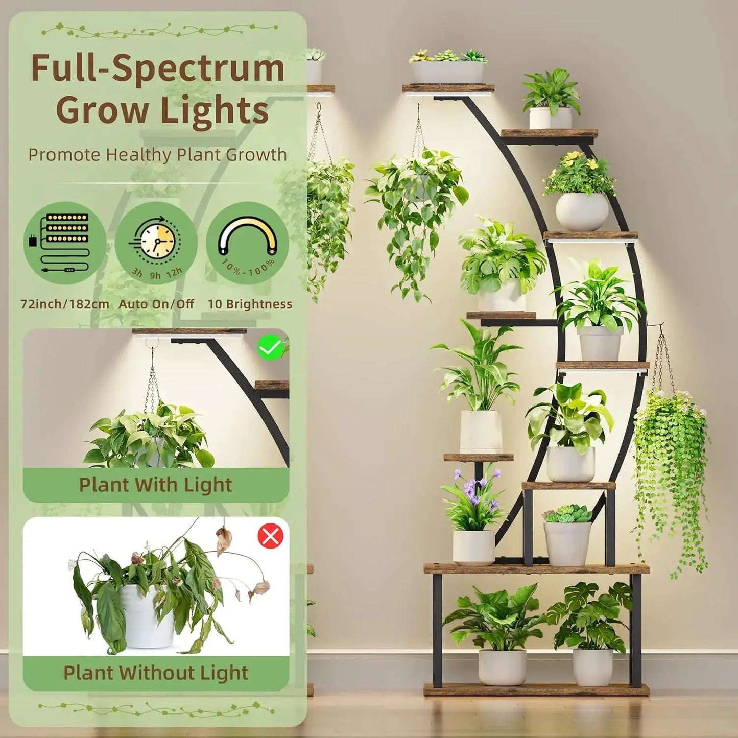 9 Tier Tall Plant Stand with Grow Lights, 64 Inch Metal Shelf for Indoor Plants, Curved Display Rack for Living Room Patio from PriceLows™