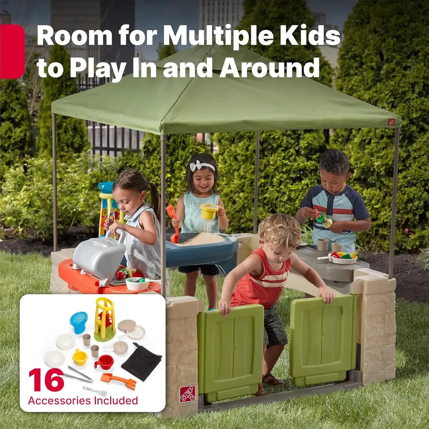 All Around Playtime Patio with Canopy, Kids Indoor/Outdoor Kitchen Playset & Sensory Playhouse, Made of Durable Plastic, Include from PriceLows™