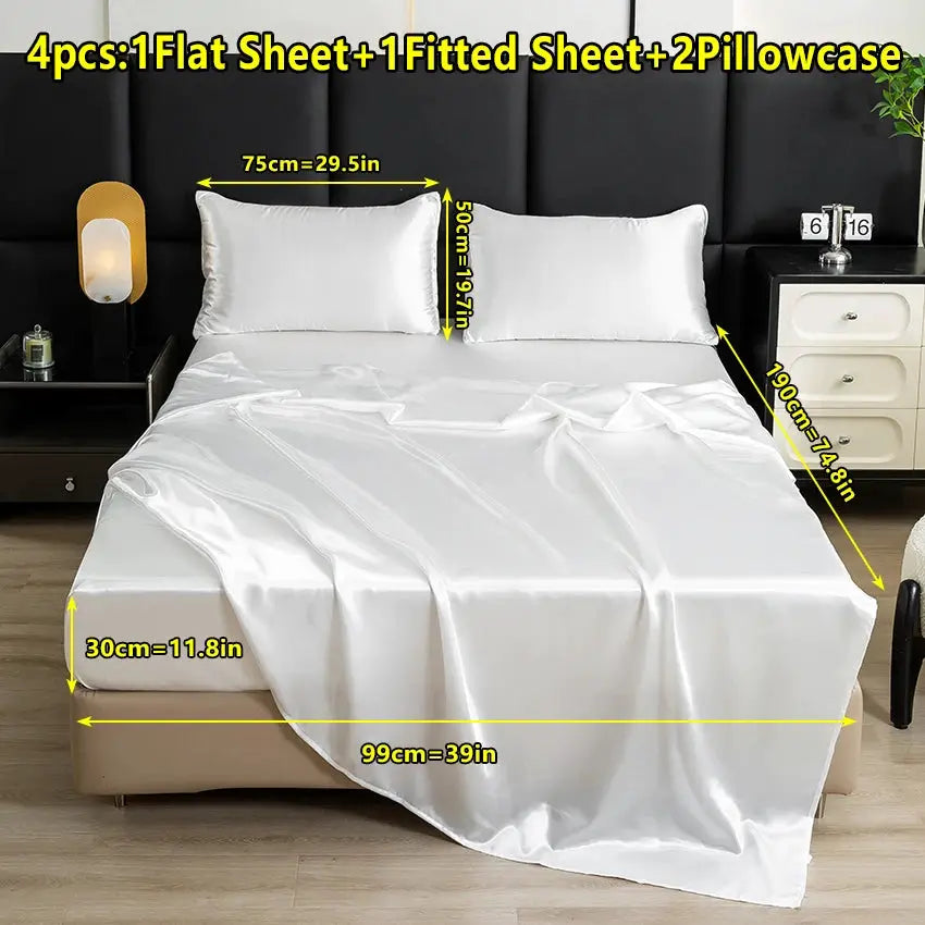 【Mother's Day Gift】4-Piece Set of Solid Color Satin Bed Sheet Set (1 Flat Sheet + 1 Fitted Sheet + 2 Pillowcases), Luxurious and Soft, with a Natural Luster, Skin-Friendly and Breathable Bedding from PriceLows™