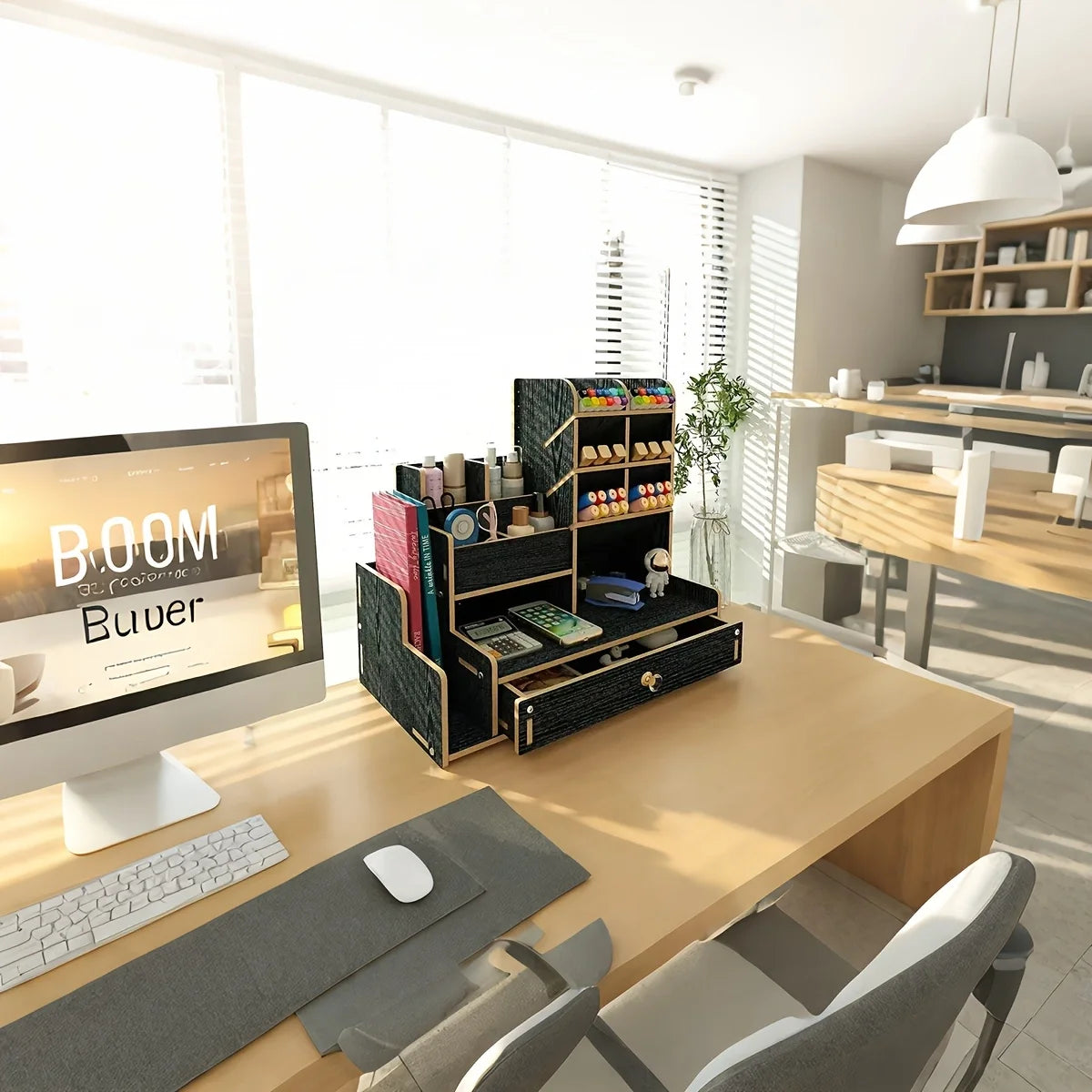 Desk Organizer | Wood Grain Finish | With Drawer | Multi Grid Caddy