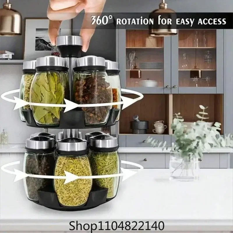 Spice Jar Set | Rotating 360 Degree Glass Jars | Kitchen Storage Rack | 1 Set