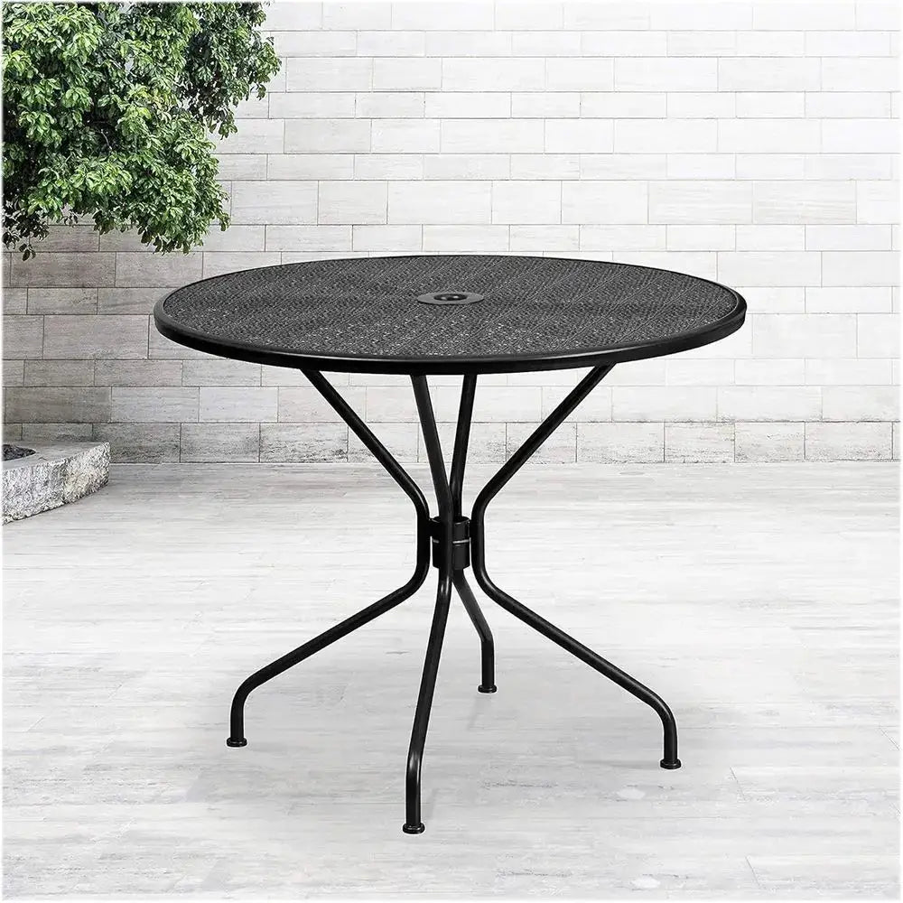 35.25 Round Black Steel Patio Table with Umbrella Hole for Indoor & Outdoor Use from PriceLows™