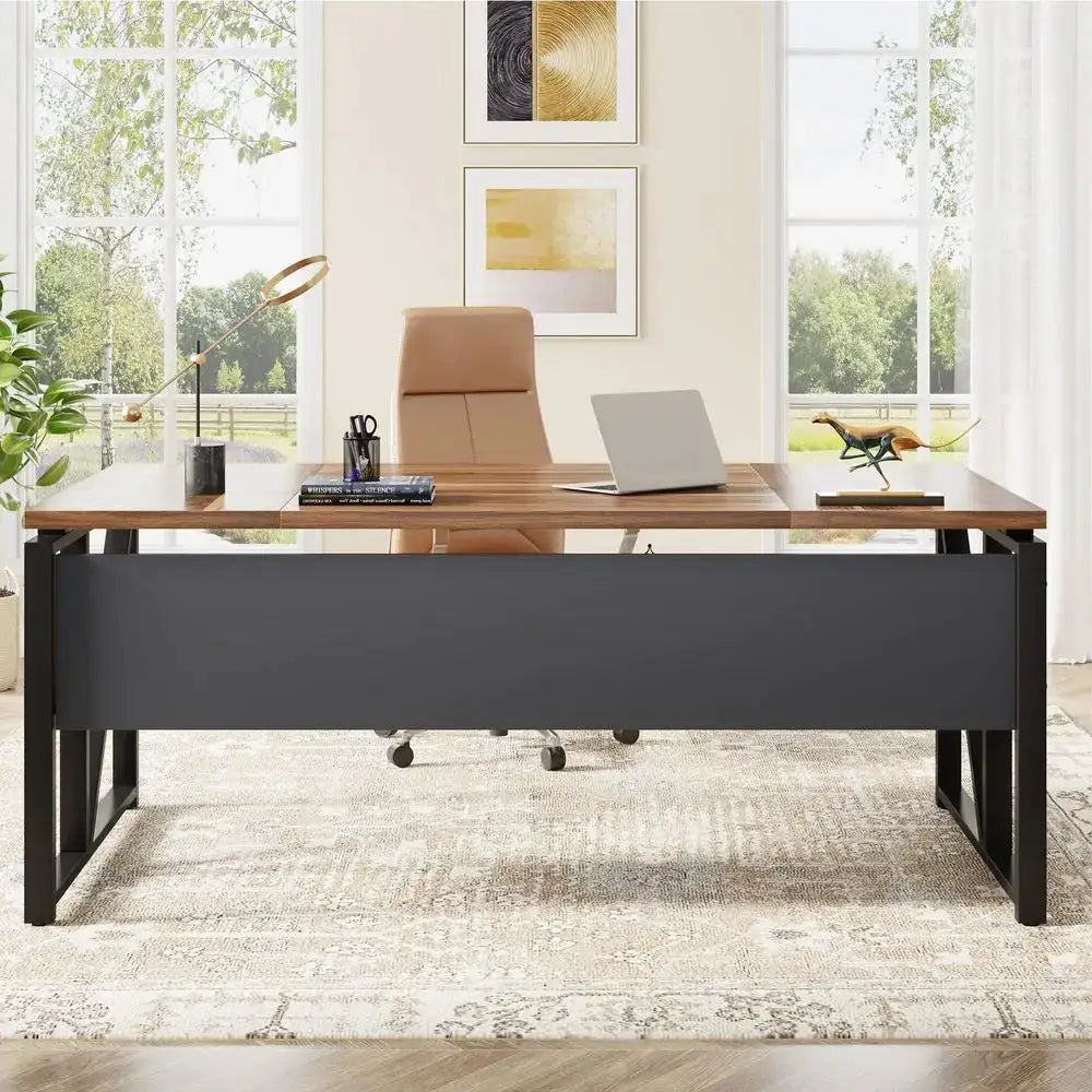 63 inches Computer Desk with Bottom Storage Shelf Home Office Desk Writing Table for Workstation, Dark Walnut Steel Leg, Cabine from PriceLows™