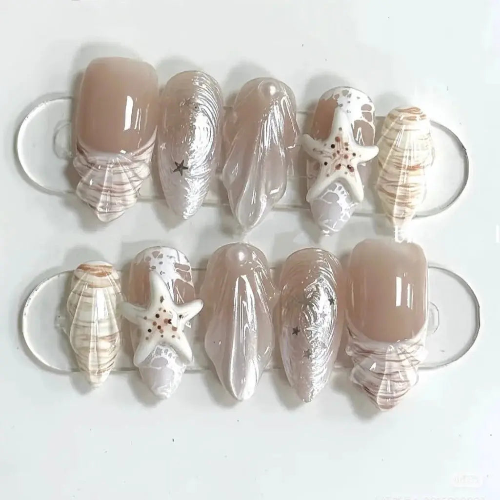 Press On Nails | 3D Seashell Design | Almond Shape | 24 Piece Set