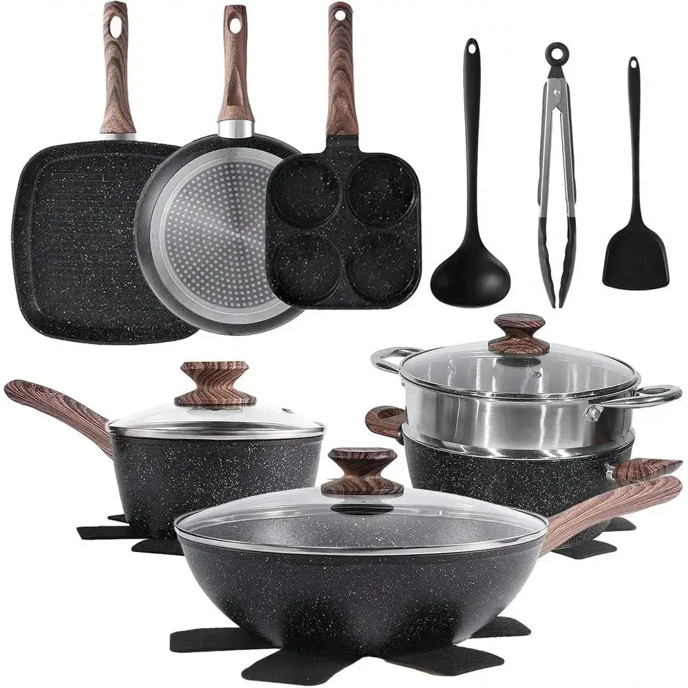 17 Pcs Pots And Pans, Kitchen Cooking Set With Stay-Cool Handles,Kitchen Induction Cookware Suit With Detachable Handle, Black from PriceLows™