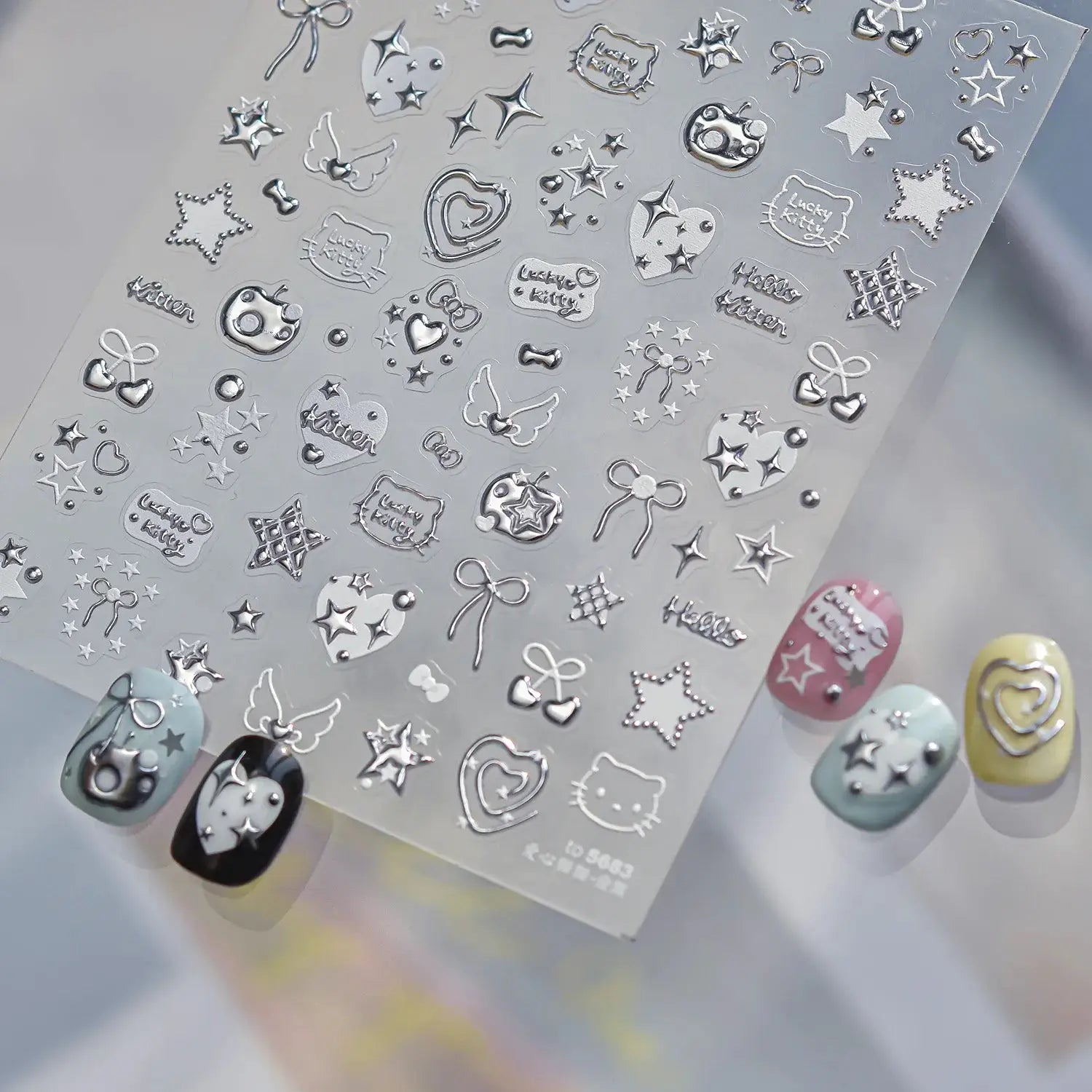 1pc 5D Metallic Silver Nail Stickers Stars Bow Love Heart Back Adhesive Nail Art Sticker DIY Cute Nails Decorations Decals Parts from PriceLows™