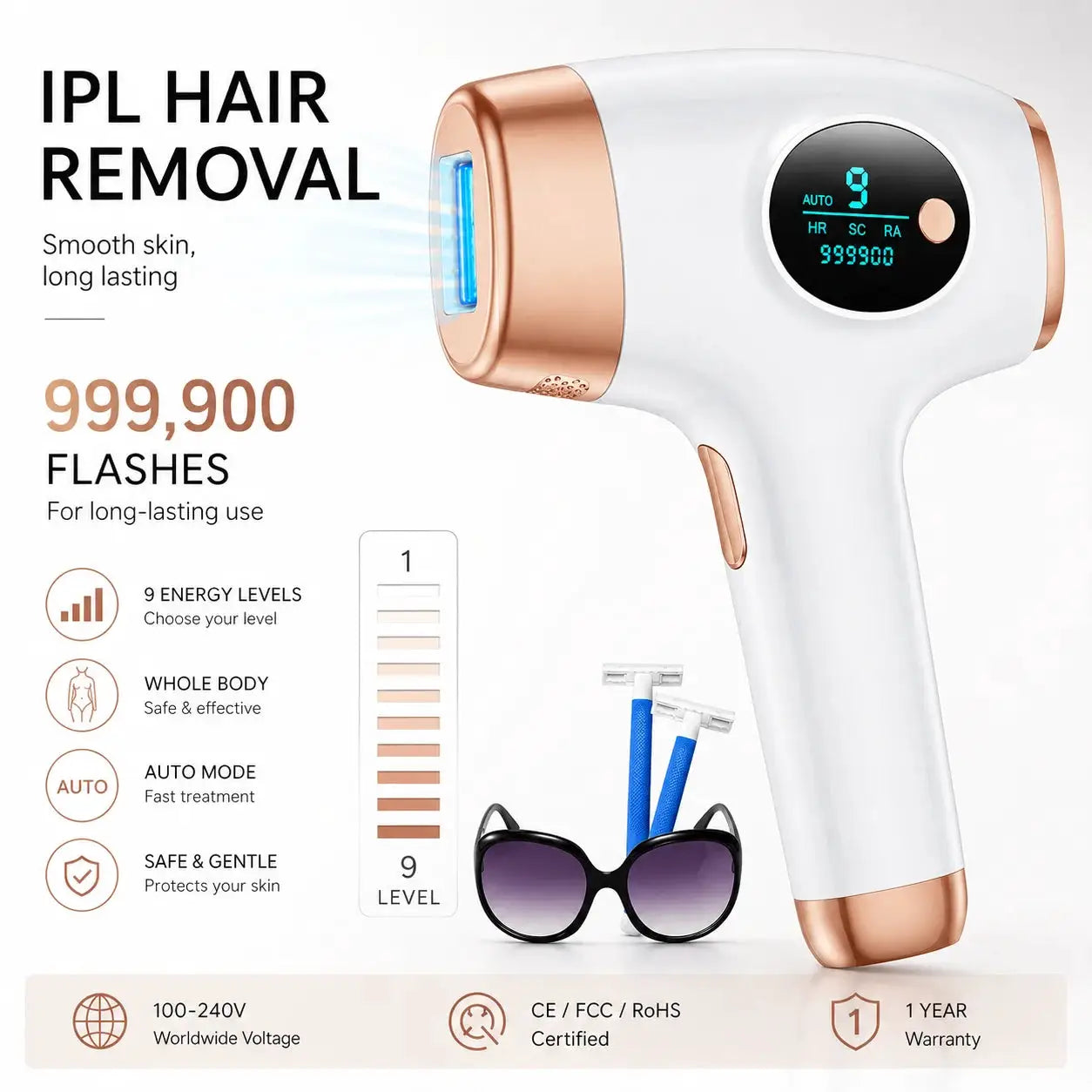 Lysmoski Ipl Hair Removal Device | 999900 Flashes | 9 Energy Levels | Permanent Hair Remover