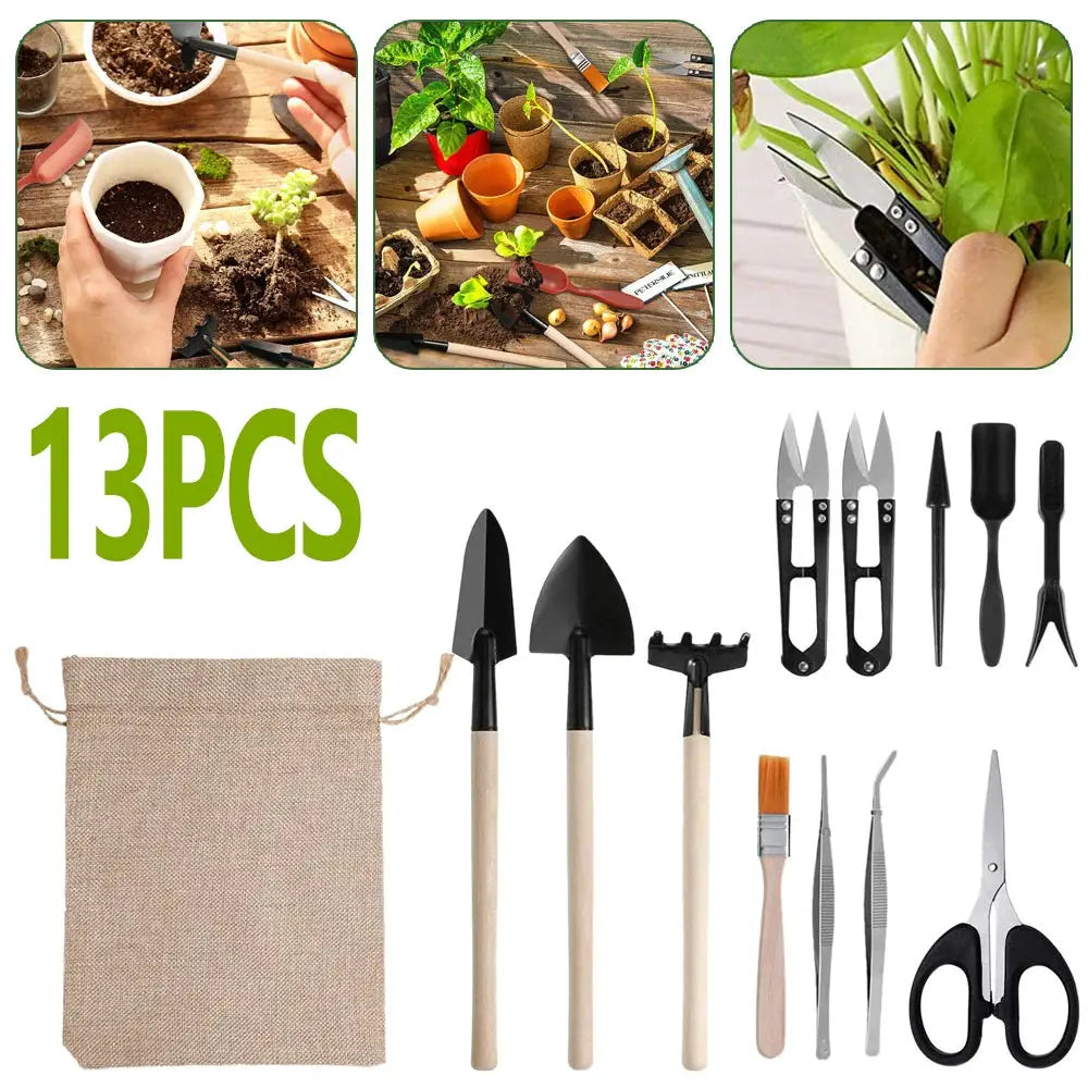 13 Piece Garden Tool Set | Wooden Handles | Metal Pruning Scissors | Weeding Kit