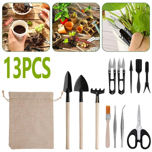 13 Piece Garden Tool Set | Wooden Handles | Metal Pruning Scissors | Weeding Kit