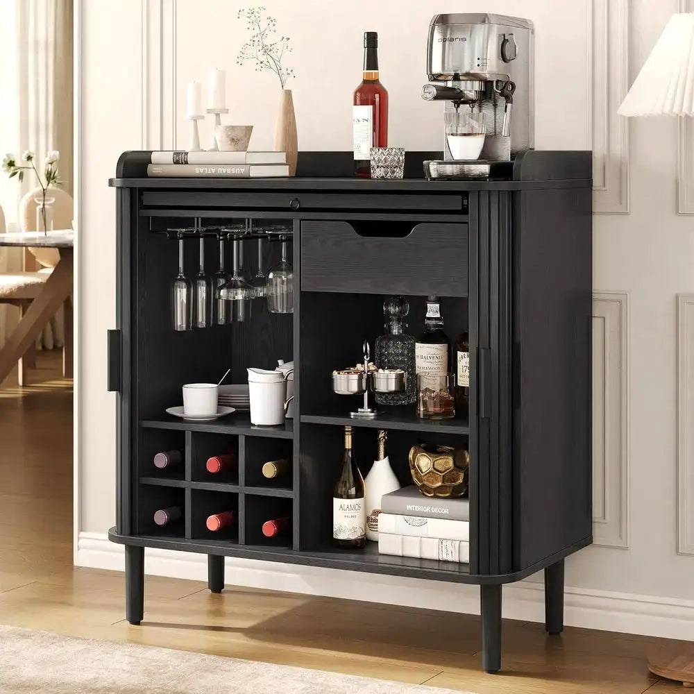 Modern Vintage Coffee Bar Cabinet with Storage, Wine Racks, and Glass Holder for Home Living Room Kitchen in Black from PriceLows™