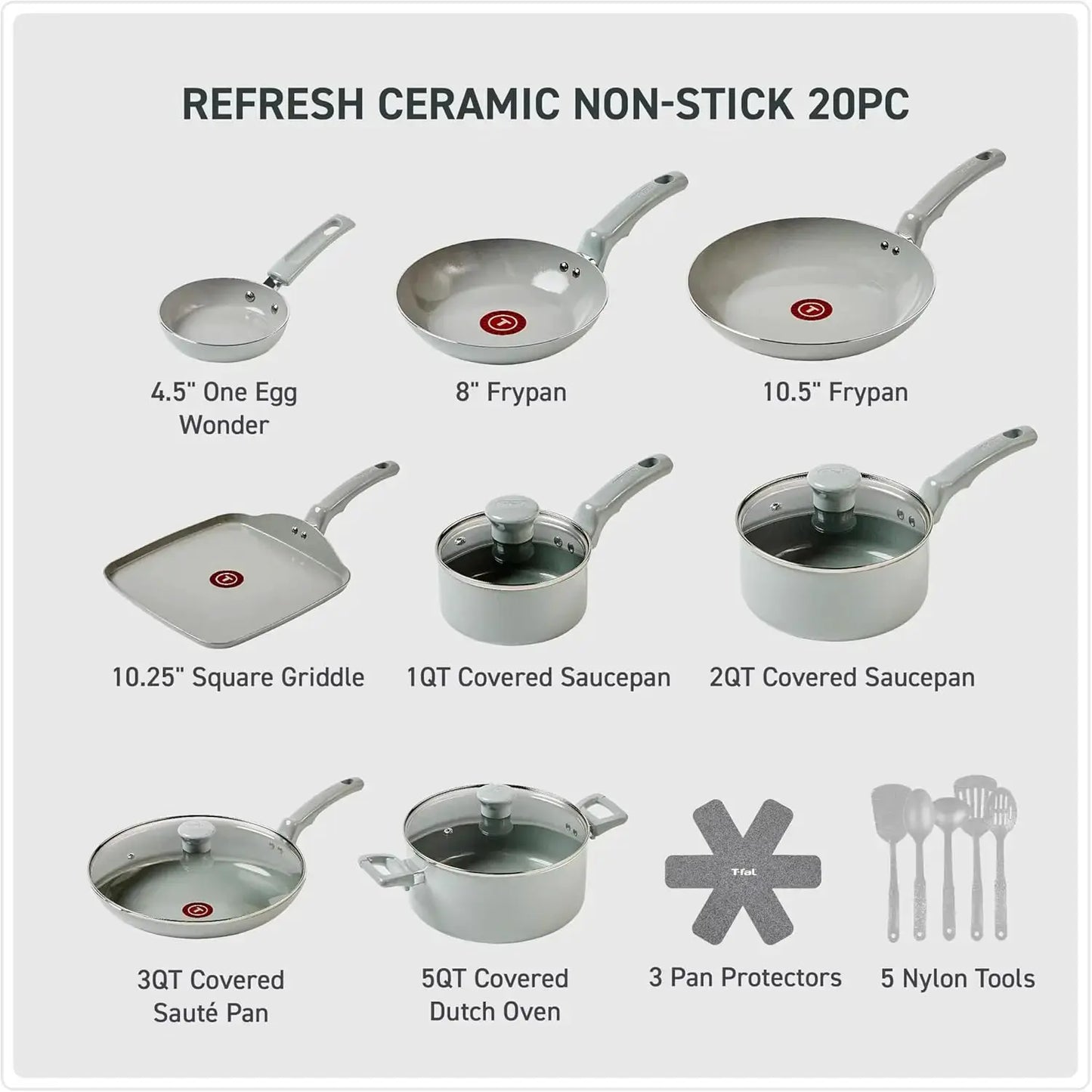 20-Piece Ceramic Nonstick Cookware Set, Pots and Pans with Stockpot, Griddle, Frypans, Utensils, Moon Grey from PriceLows™