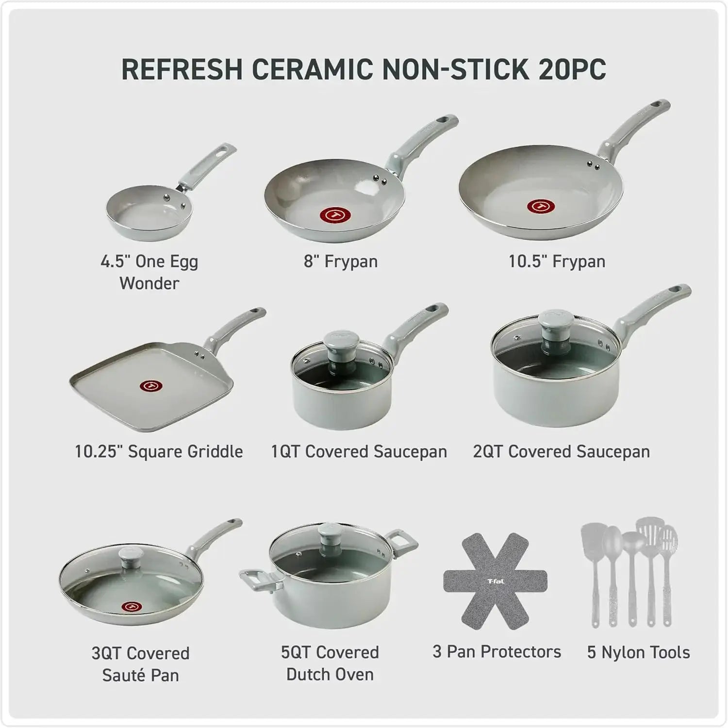20-Piece Ceramic Nonstick Cookware Set, Pots and Pans with Stockpot, Griddle, Frypans, Utensils, Moon Grey from PriceLows™