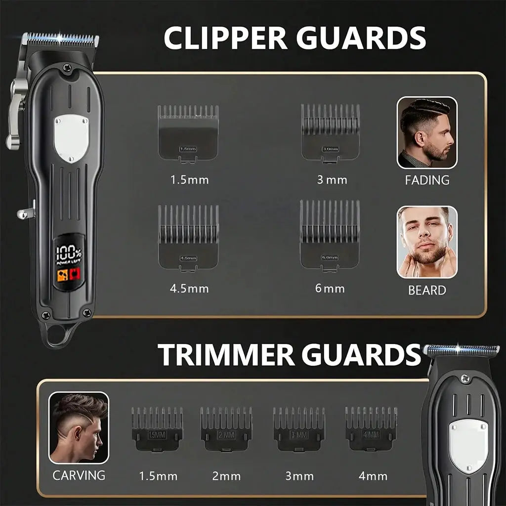 Hair Clipper Set | LCD Display | Cordless USB Rechargeable | 8 Guide Combs