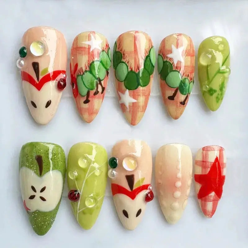 Press On Nails | Almond Shape | Green Lotus Frog Design | 24 Piece Kit