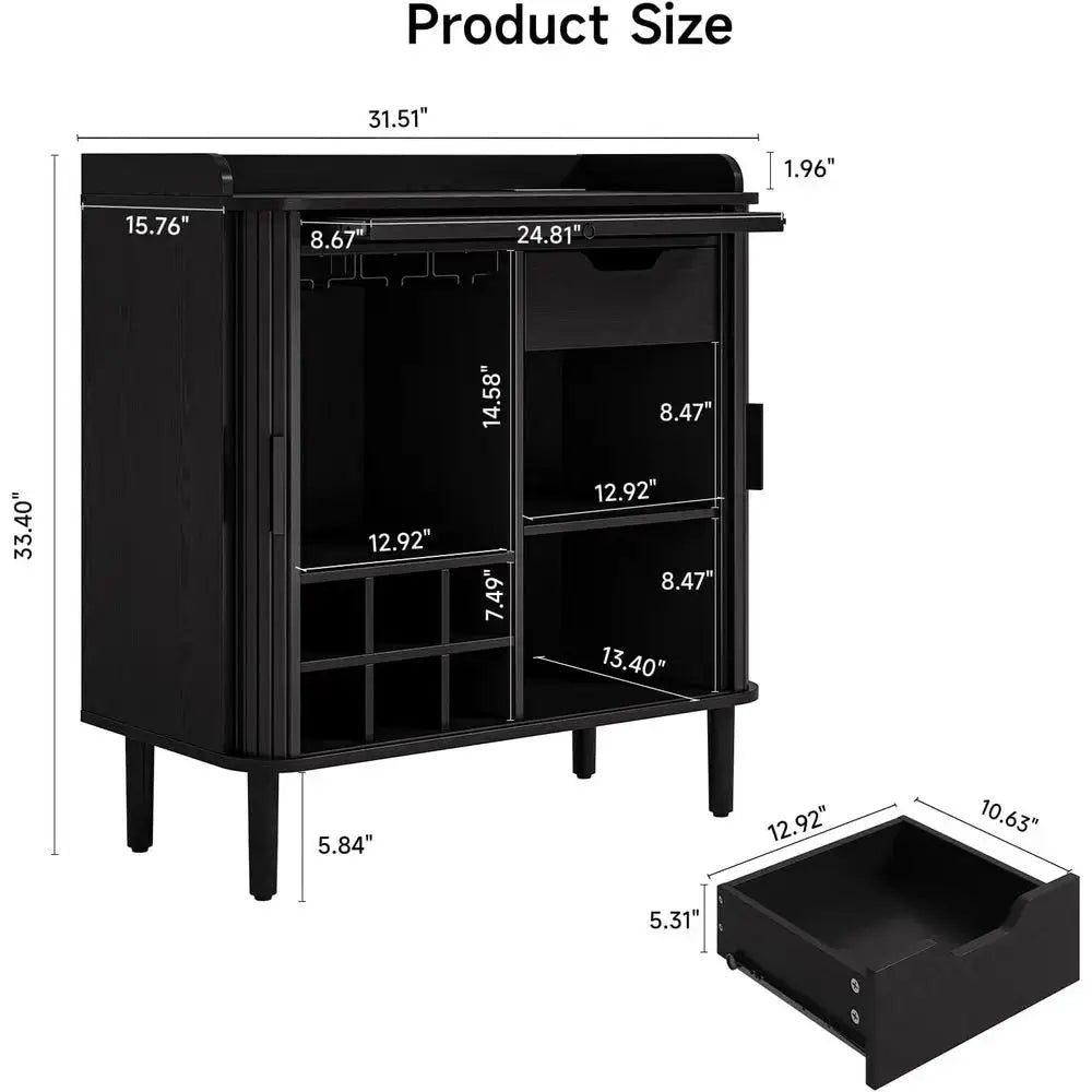 Modern Vintage Coffee Bar Cabinet with Storage, Wine Racks, and Glass Holder for Home Living Room Kitchen in Black from PriceLows™