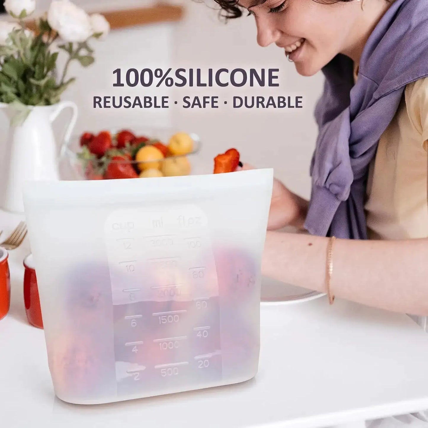 Silicone Food Storage Bags | 0.8 Gal | Microwave Freezer Oven Safe | 4 Pack XL