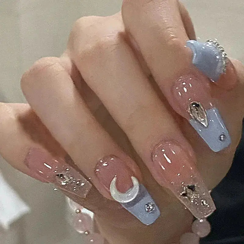 Press On Nails | Long Square Shape | Pink Blue Gradient Glitter | 24 Piece Set