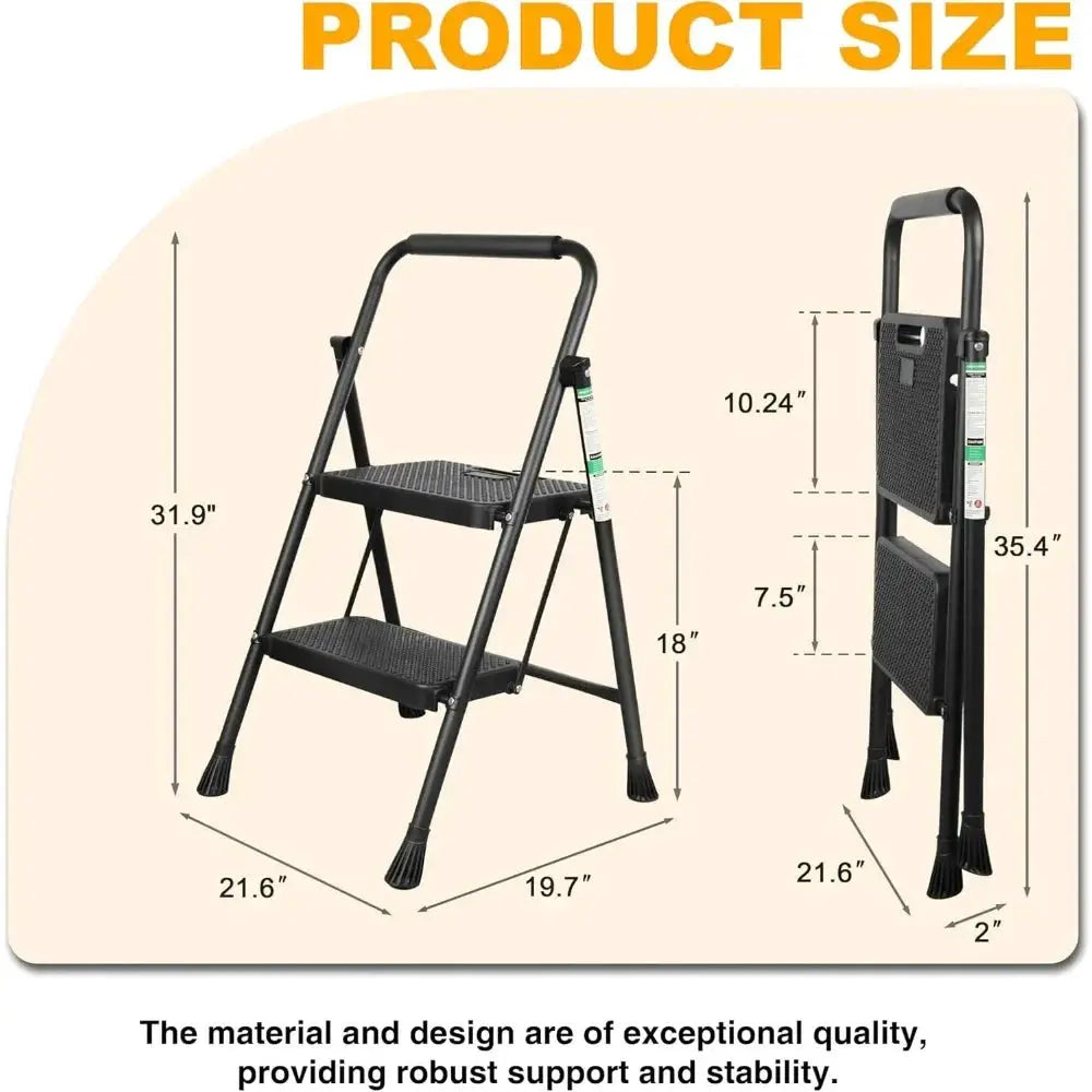 Portable Folding 2 Step Stool with Anti Slip Pedal and Handgrip Sturdy Steel Ladder Black from PriceLows™
