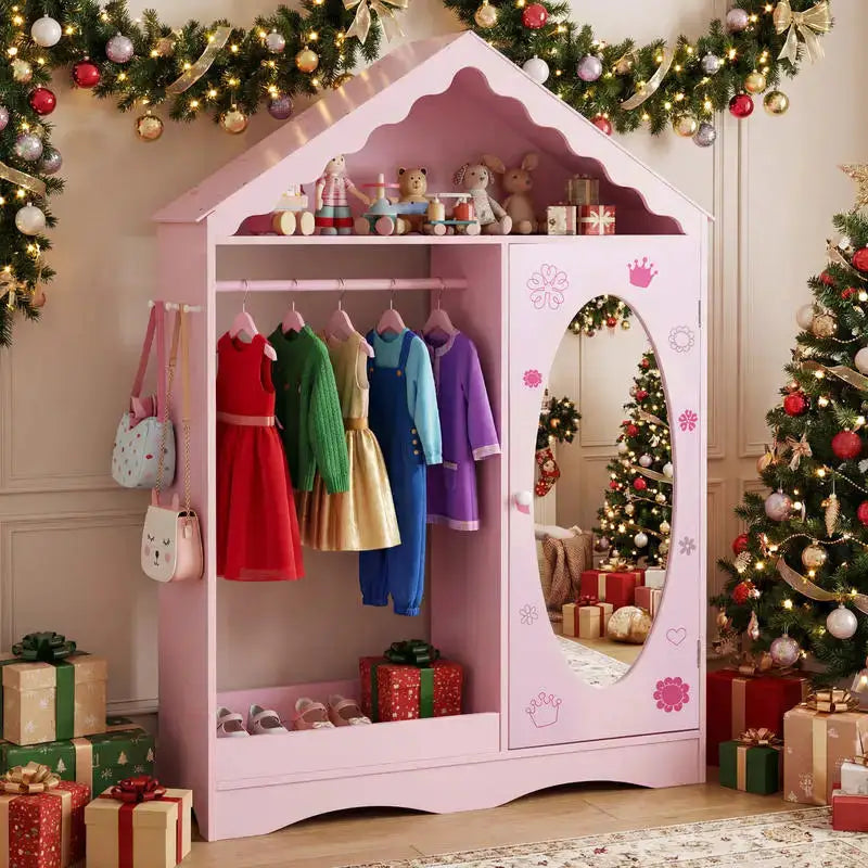 Kids Dress Up Storage with Mirror Roofed Wardrobe Closet with Open Hanging Rack-Pink from PriceLows™