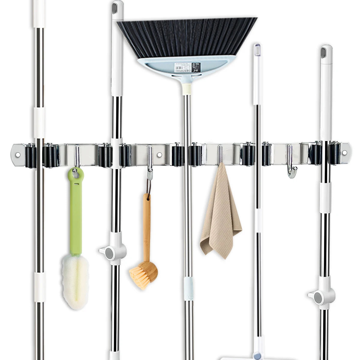 4-Hook Adhesive Broom Mop Organizer Stainless Steel Wall-Mounted Non-Slip Rack Storage Solution for Home Kitchen Garden Laundry from PriceLows™