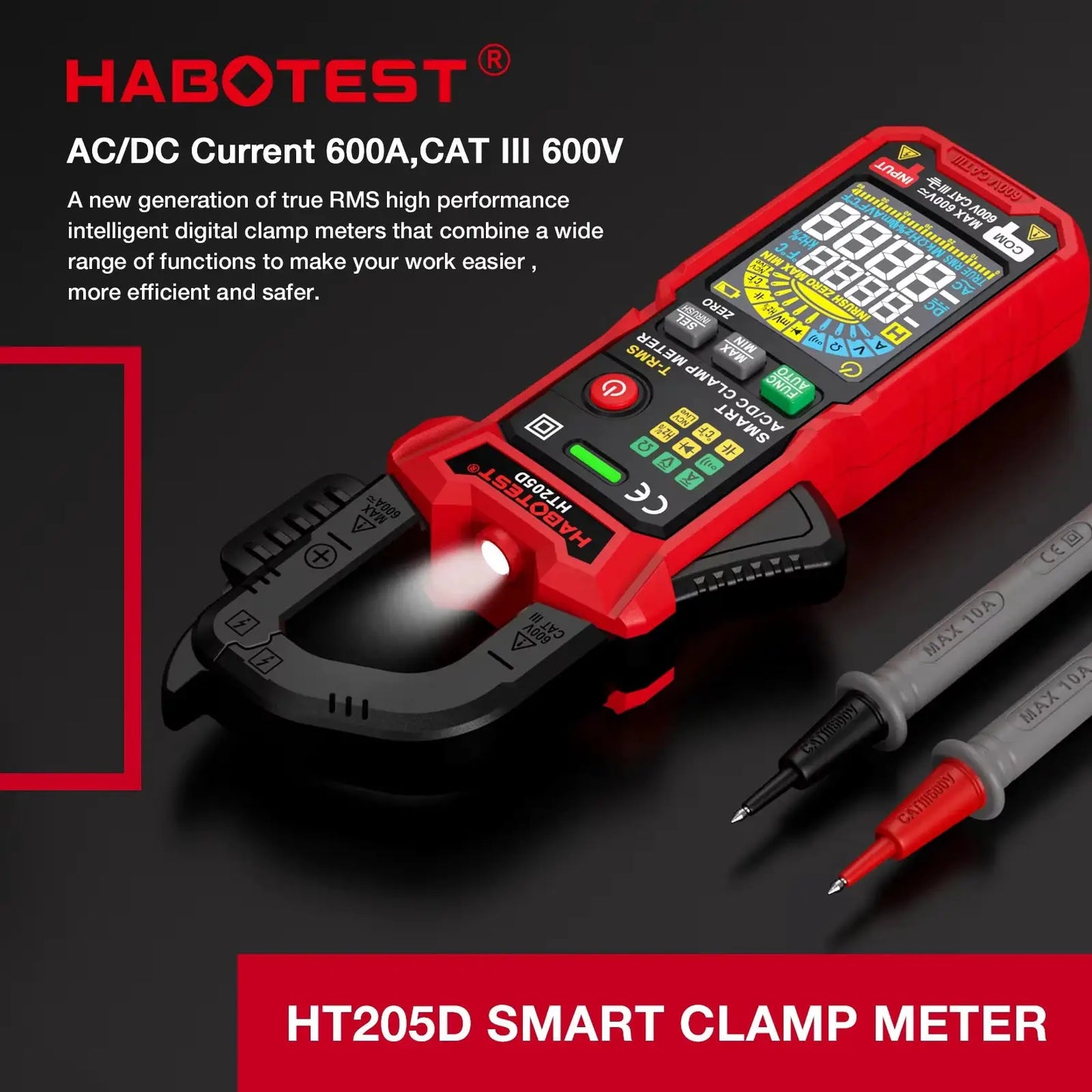 HABOTEST HT205 Clamp Meter 600A True RMS AC/DC Current Amp Meter Measures Current Voltage Temperature Capacitance Ohm Tester from PriceLows™