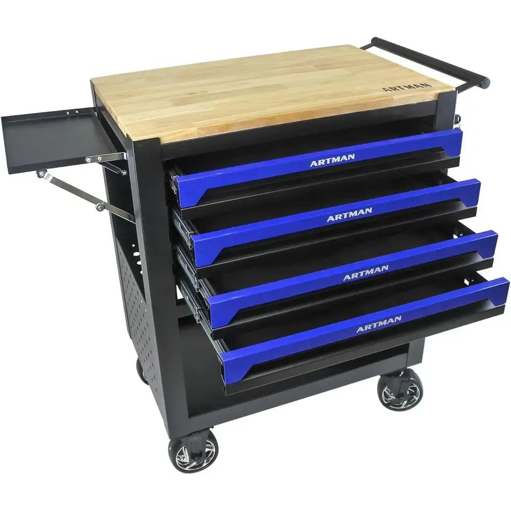 Portable 4-Drawer Rolling Tool Chest with Wooden Top, Blue Mechanic Workbench for Garage and Repair Shop Storage from PriceLows™
