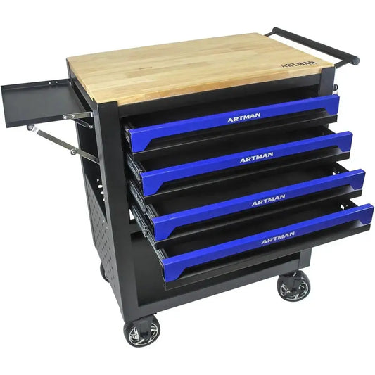 Portable 4-Drawer Rolling Tool Chest with Wooden Top, Blue Mechanic Workbench for Garage and Repair Shop Storage from PriceLows™