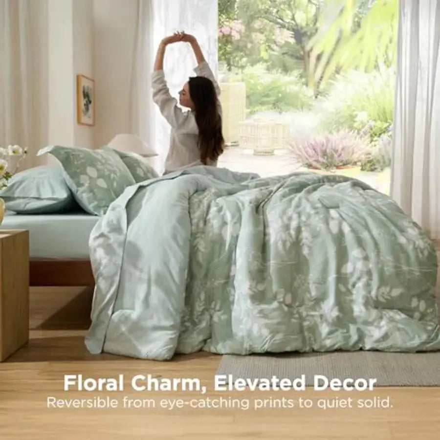Comforter Set - 7 Pieces Floral Sage Green GentleSoft™ Bedding Sets Bed in a Bag with Botanical Flowers Winter Comforter Sheets from PriceLows™