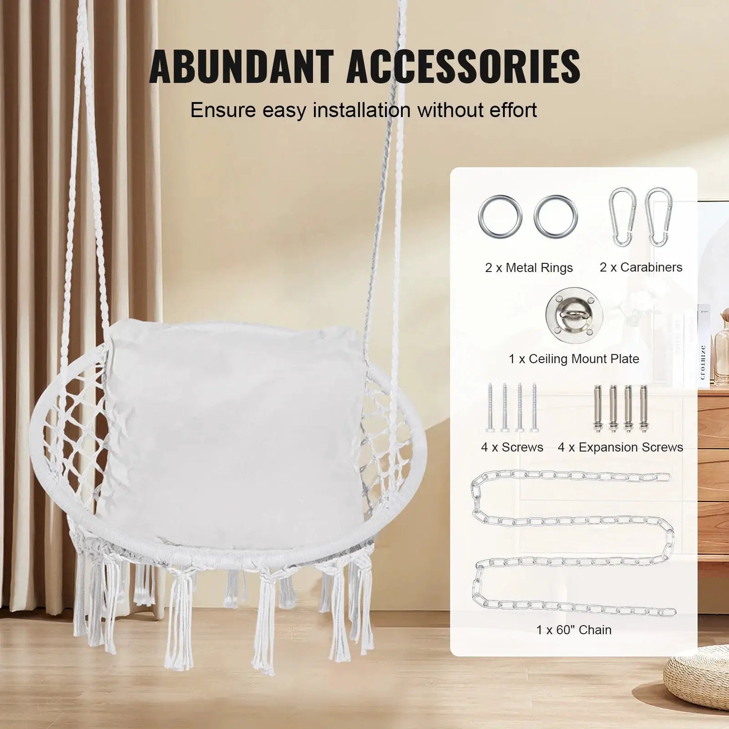 SucceBuy Hanging Hammock Swing Chair 330lbs Macramé Hanging Chair Cotton Rope Swing Chair for Bedroom Balcony Patio Garden White from PriceLows™