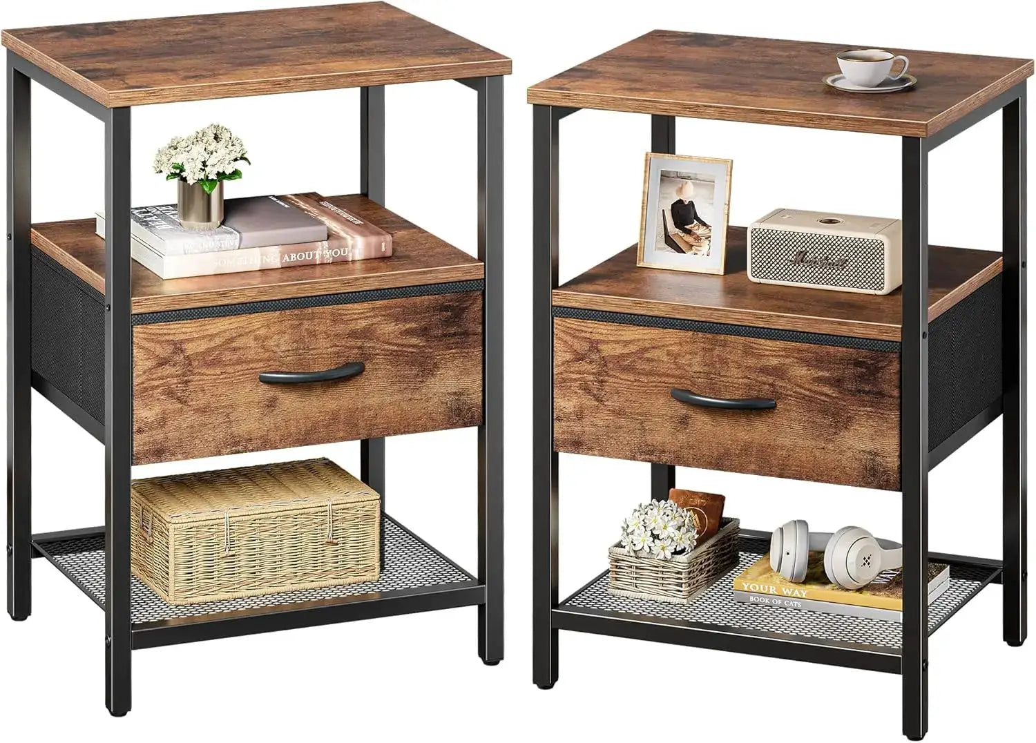 Nightstand Set of 2 with Fabric Drawer and Mesh Shelf, Side Table for Bedroom, Rustic Brown from PriceLows™