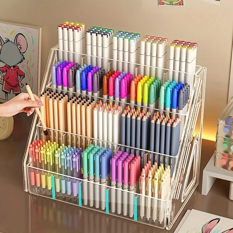 Pen Holder Organizer | Acrylic Storage | Paintbrush Compartments | Home Office
